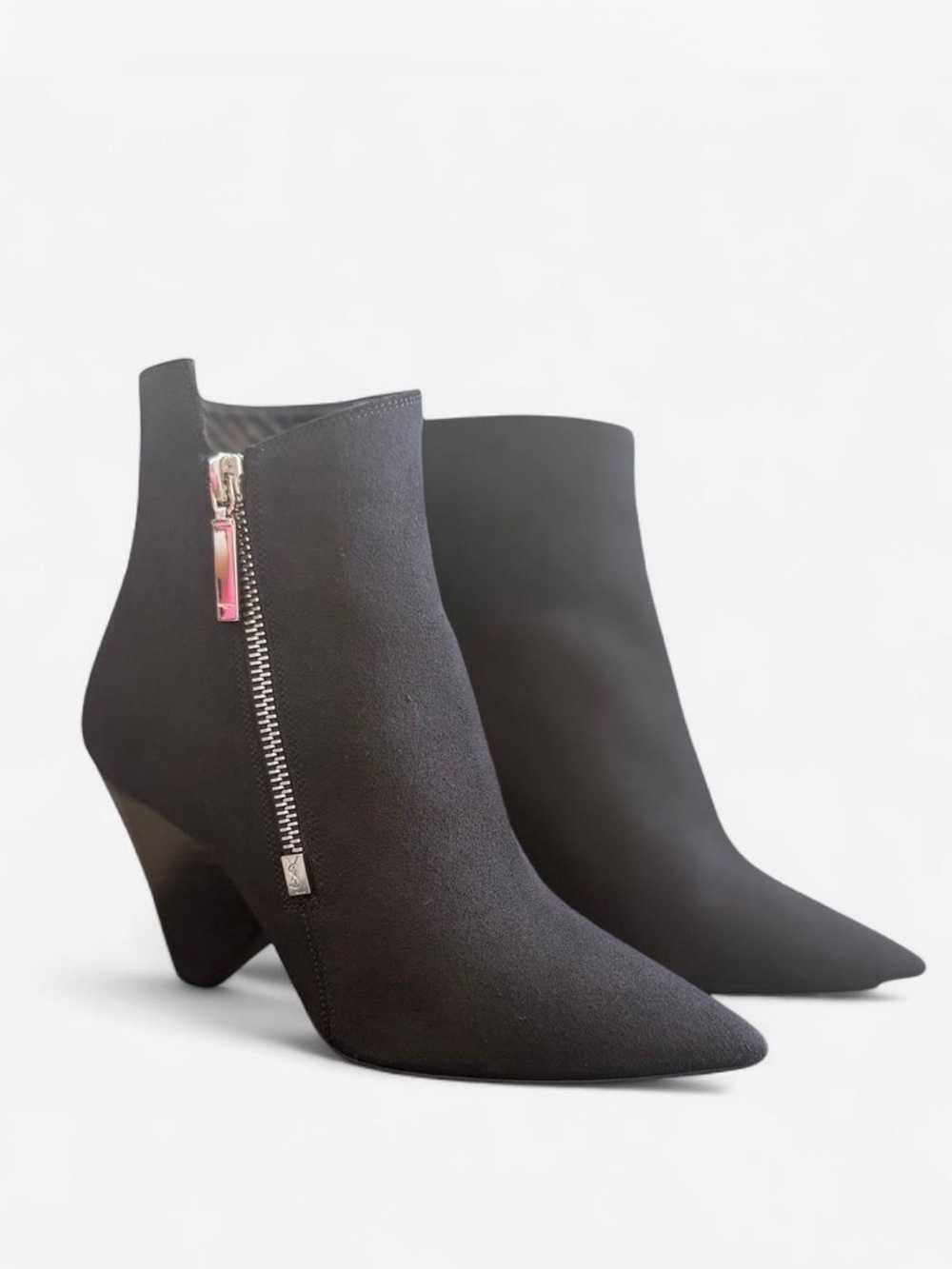 Saint Laurent Black Pointed Suede Ankle Boots with Side Zip